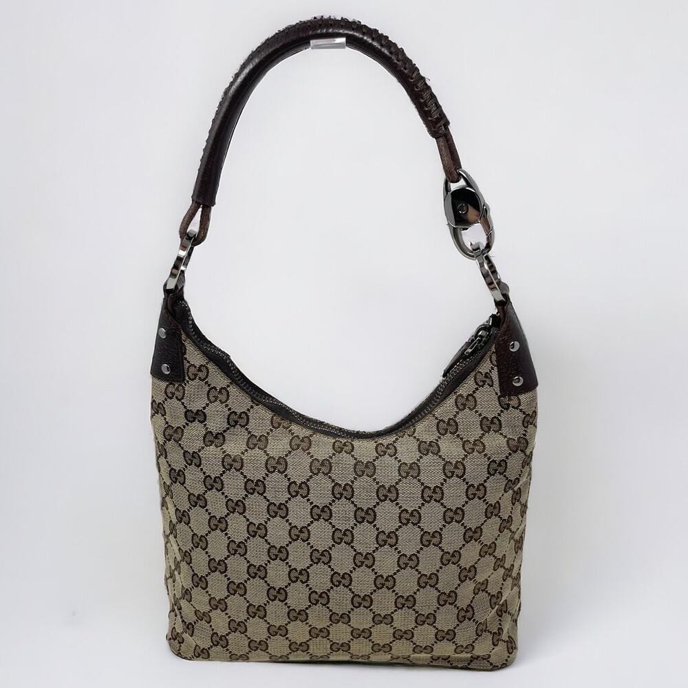 Gucci GG Monogram Logo Vintage Shoulder Bag Purse Canvas Leather Beige Brown